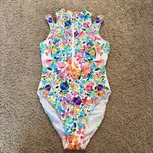 Johnny Was Wild Bloom High Neck Zip One Piece Swimsuit Size Small White Floral